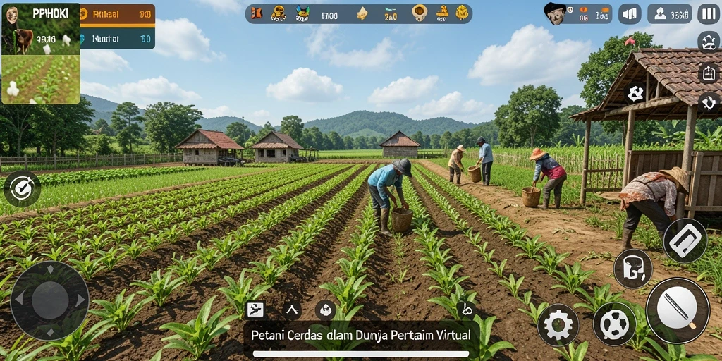 Tampilan gameplay PPHOKI dengan ladang yang subur dan beragam tanaman.